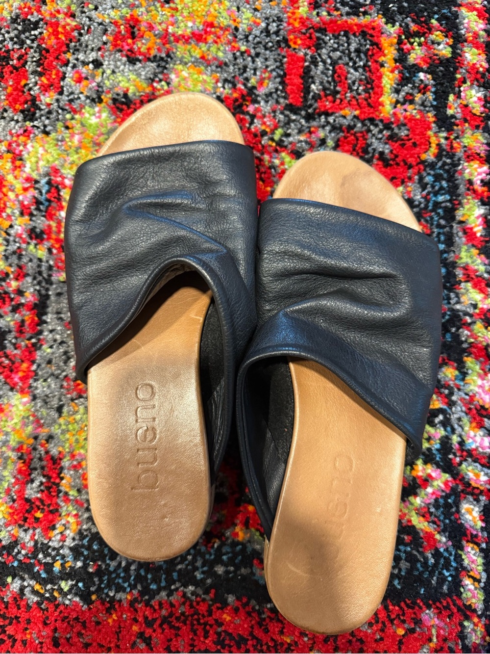 Bueno Black Leather Slide Mules with Tan Footbed